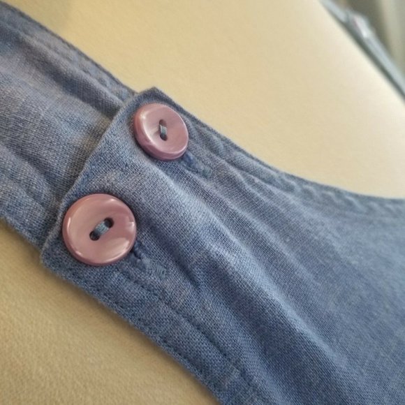 Vintage 90s Blue Linen Pinafore Dress Periwinkle Patch Pockets Knee Length M/L - Picture 3 of 8